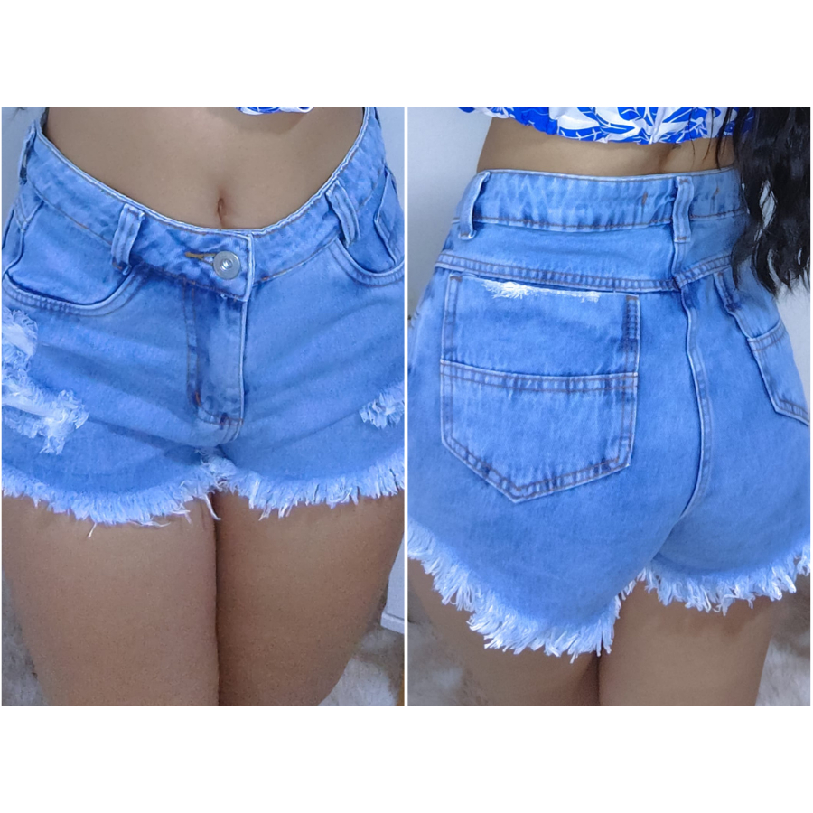 Short Jeans feminino cintura alta cós alto liso bermuda desfiado destroyed