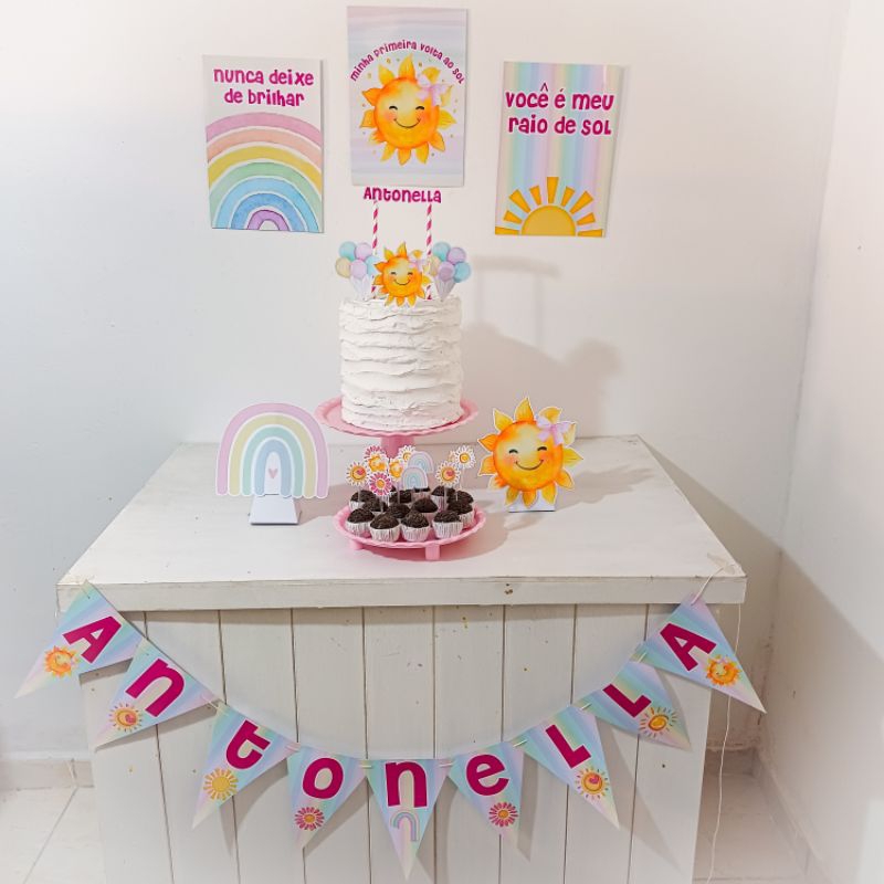 Kit Festa Minha primeira volta ao sol menina Personalizado Só Um Bolinho Festa em Casa Aniversário Infantil  Mesversario