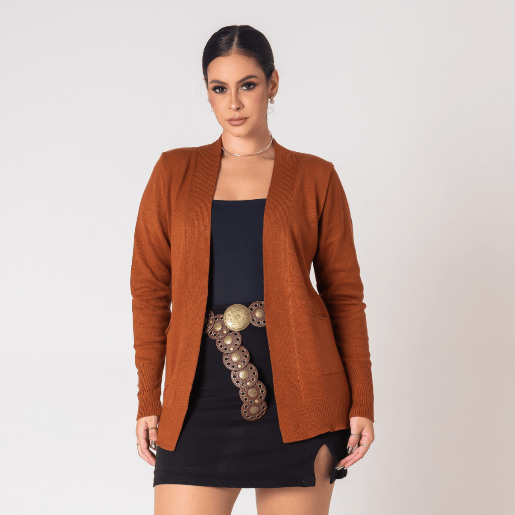 Casaco Tricot Básico Inverno Botão Nas Mangas Tricô Casaquinho
