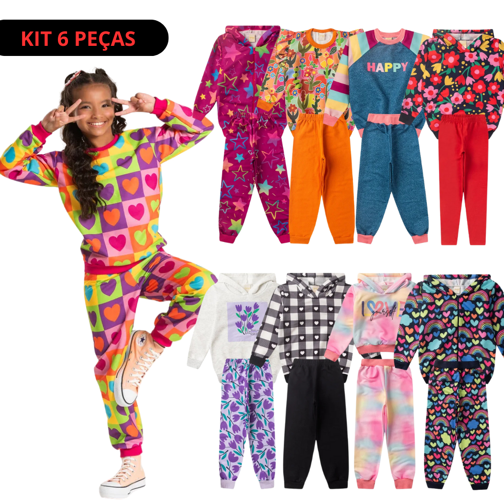 Kit Sortido 6 Peças de Roupas Infantis Menina Inverno- 3 Casacos + 3 Calças