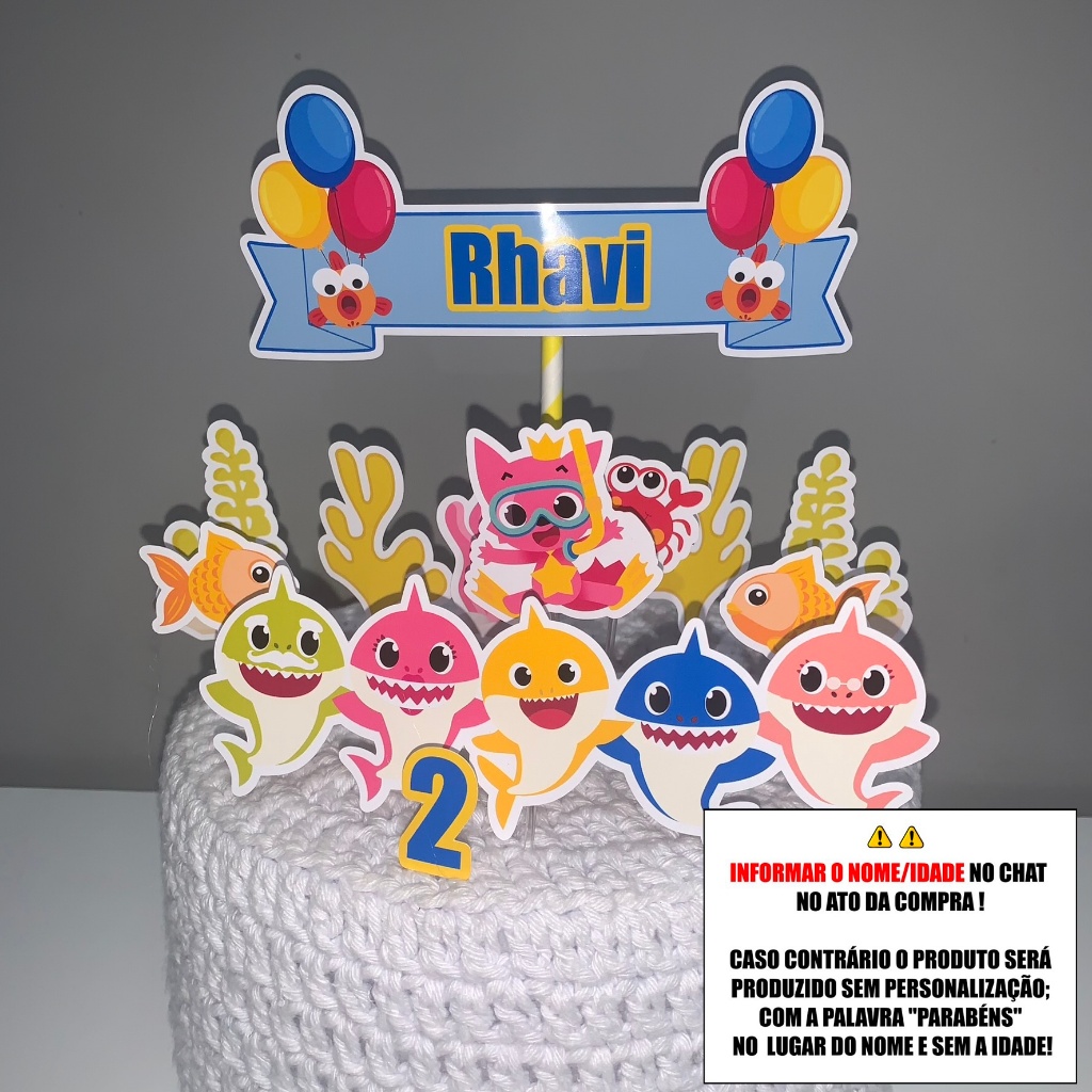 Topo de Bolo - Topper de Bolo Personalizado Aniversário Mesversario Baby Shark