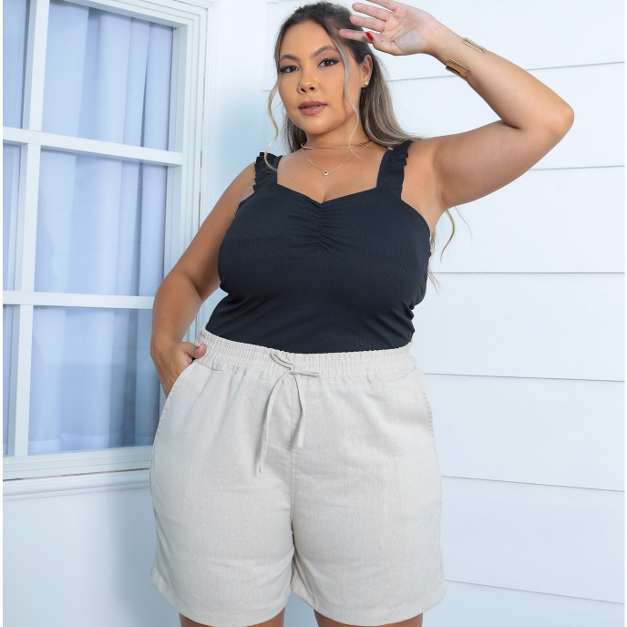 Bermuda De Linho Plus Size Cintura Alta Com Cordão em Oferta na Shopee