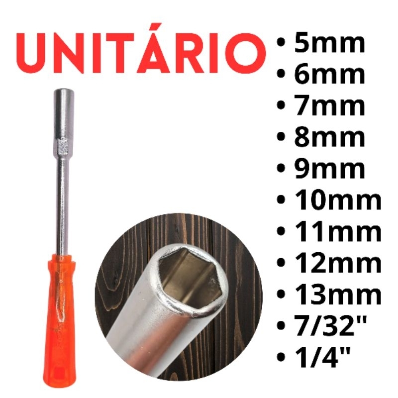 Chave canhão 5, 6, 7, 8, 9, 10, 11, 12, 13mm, 7/32 e 1/4 cromo vanádio