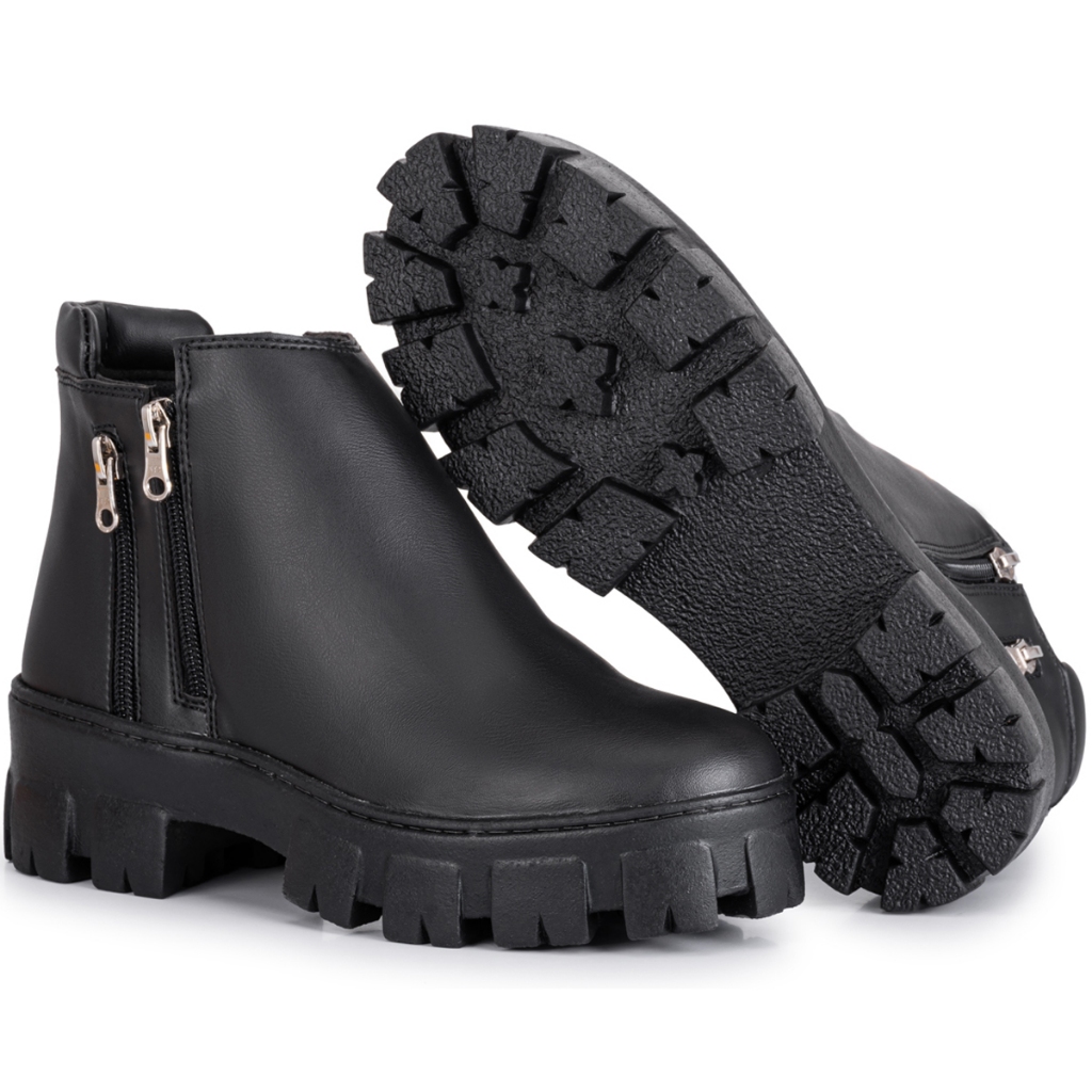 Bota feminina cano curto com zíper salto plataforma tratorado festa casual happy hour moda country