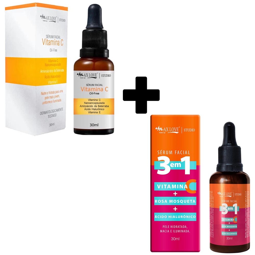 Kit c/ Sérum Facial Vitamina C e Sérum Facial 3 em 1 Max Love Com Hialuronico VItamina E Hidratante em Oferta na Shopee