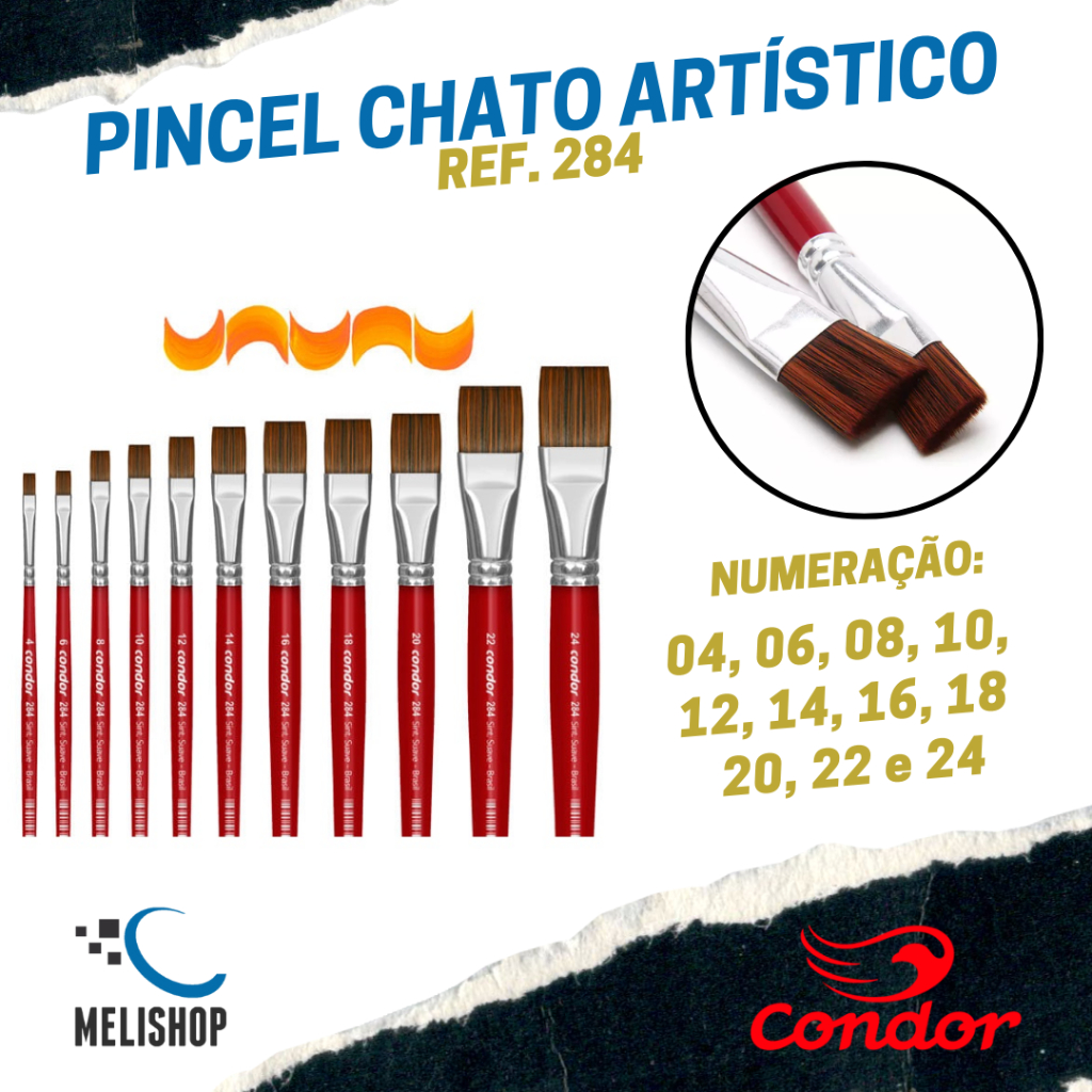 Pincel Chato Condor Ref. 284 Cabo Vermelho Multiuso Artesanato Escolar Profissional