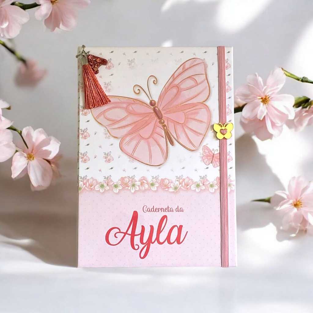 Capa dura Personalizada para caderneta de vacina borboleta rosa