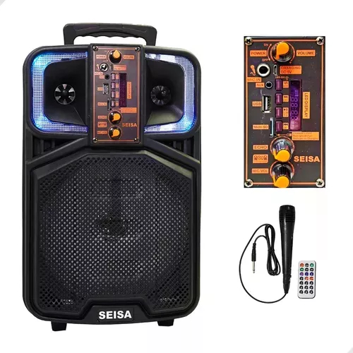 Caixa De Som SEISA  Microfone e Controle de luzes led  Usb Microfone E Bluetooth Karaokê  2000W 8 polegadas