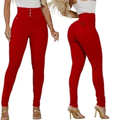 Calça Jeans feminina Modeladora Cintura cós alto calça feminina Vermelha e Verde empina bumbum Jeans PREMIUM Luxo LAYCRA