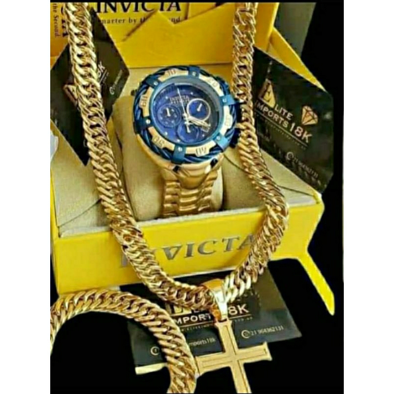 Relógio masculino thunderbolt dourado banhado a ouro+conjunto de correntes pingente e pulseira as banhadas em Oferta na Shopee
