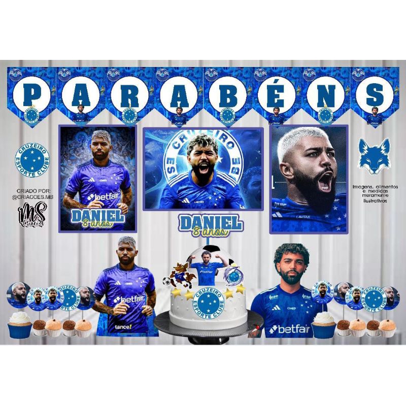 Kit Festa Cruzeiro Gabigol Personalizado Só um Bolinho | Mesversário Aniversário | 40 itens | Decoração