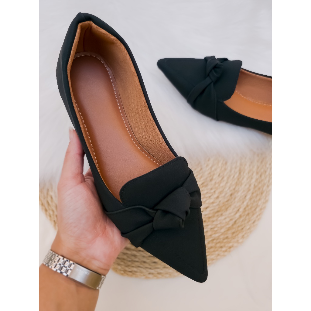 Sapatilha Mocassim Feminino Bico Fino Preto Confortável Casual Enfeite Laço Nó