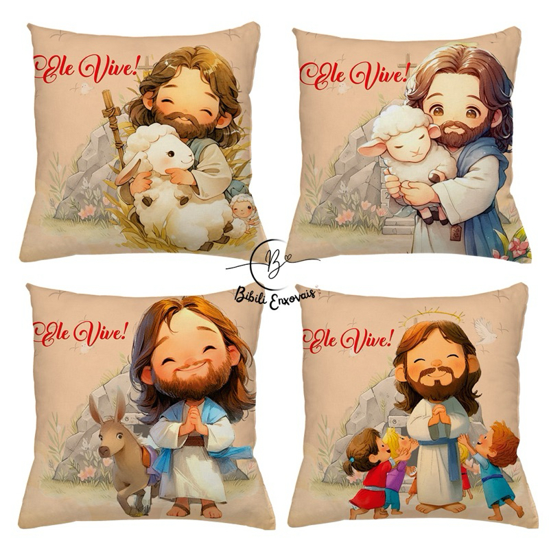 KIT 4 CAPAS DE ALMOFADAS IDEAL PARA DECORAÇÃO PASCOA JESUS ELE VIVE COELHO  TAMANHO 45X45