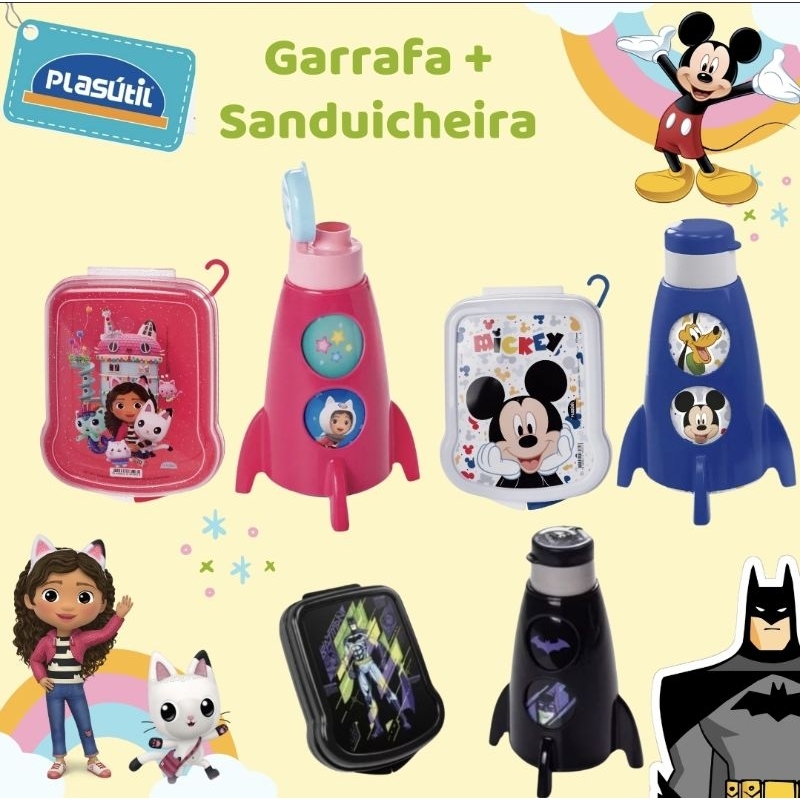 Kit garrafa + sanduicheira Minnie rosa Batman Preto garrafinha foguete plasutil kit escolar p/ lanche porta sanduiche