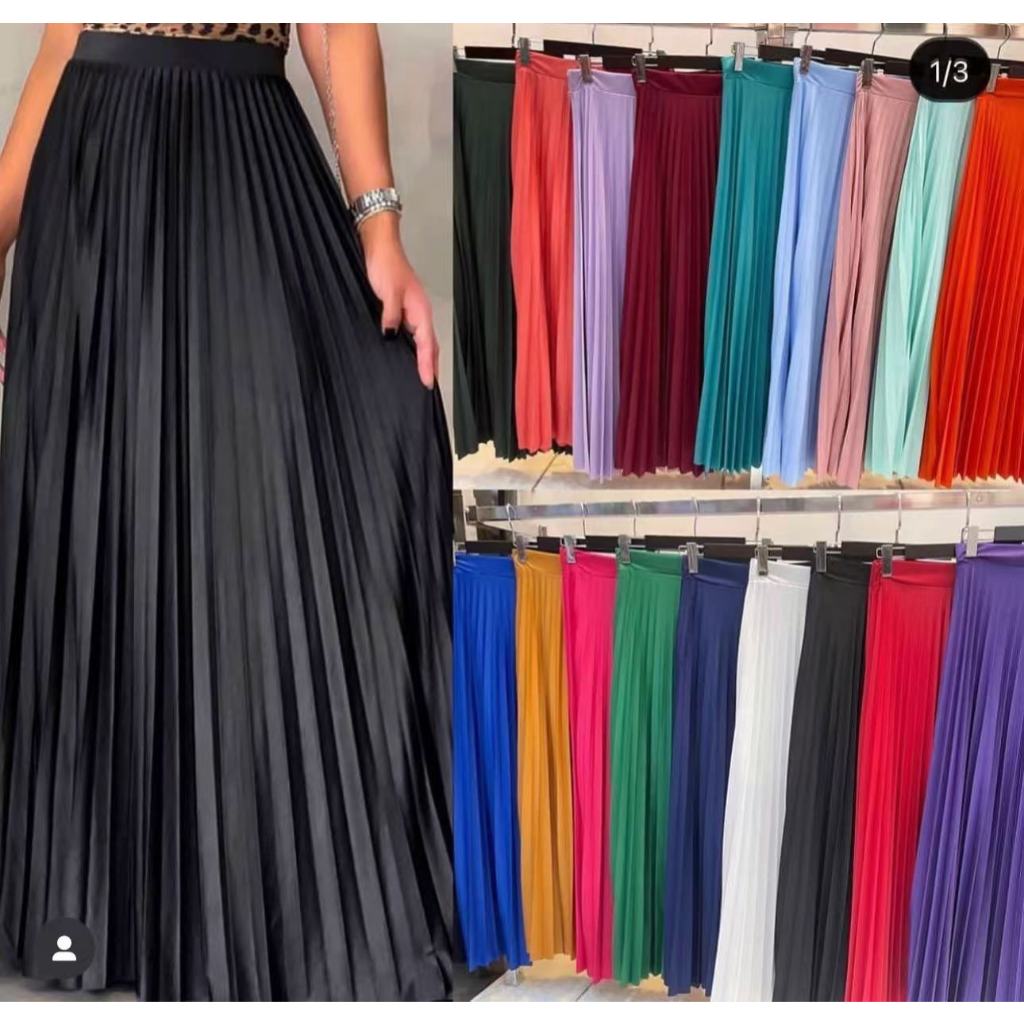 Saia Plissada Longa Forrada Lisa Varias Cores -040