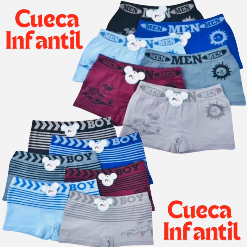 Kit Até 10 Cuecas Boxer Infantil Juvenil  Criança  Masculino - Tamanho 02 ao 16 Anos