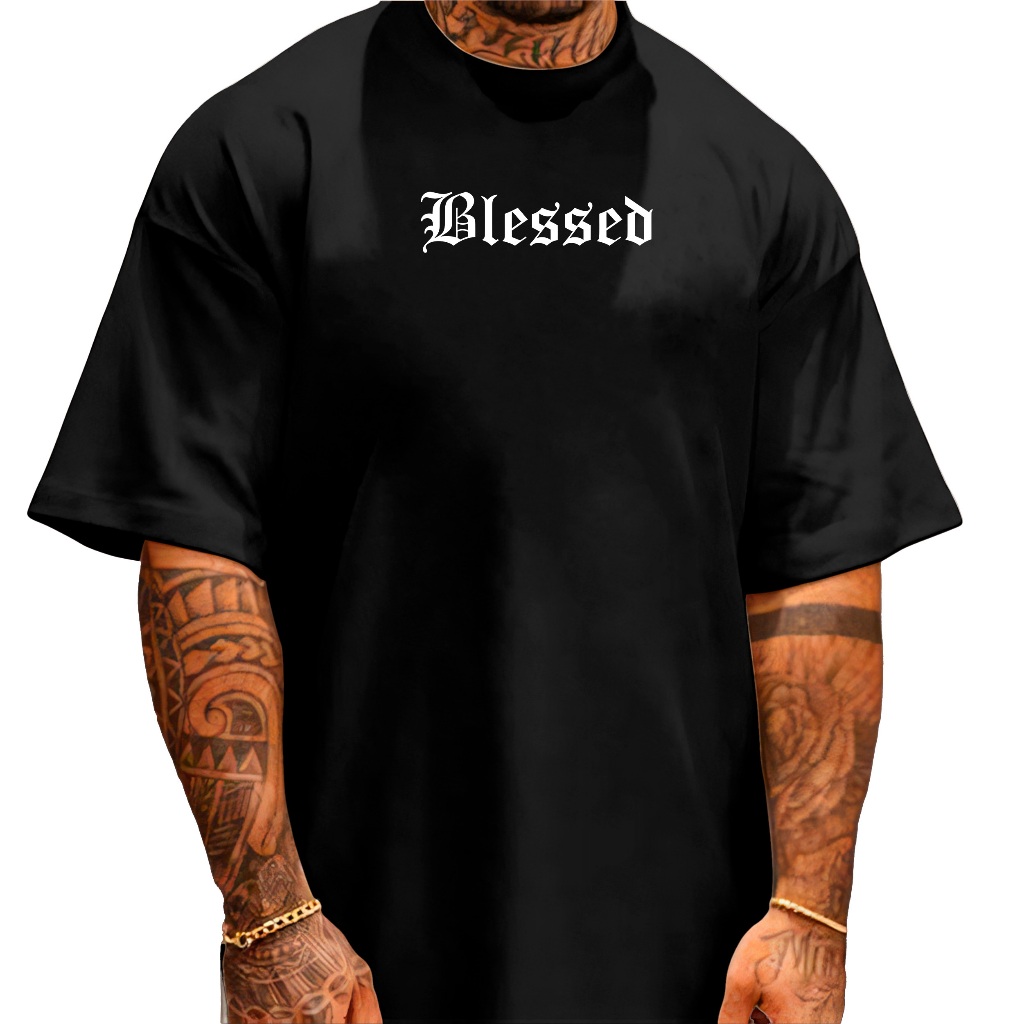 Camiseta Oversized Streetwear Masculina Gola Alta Blessed Abençoado em Oferta na Shopee