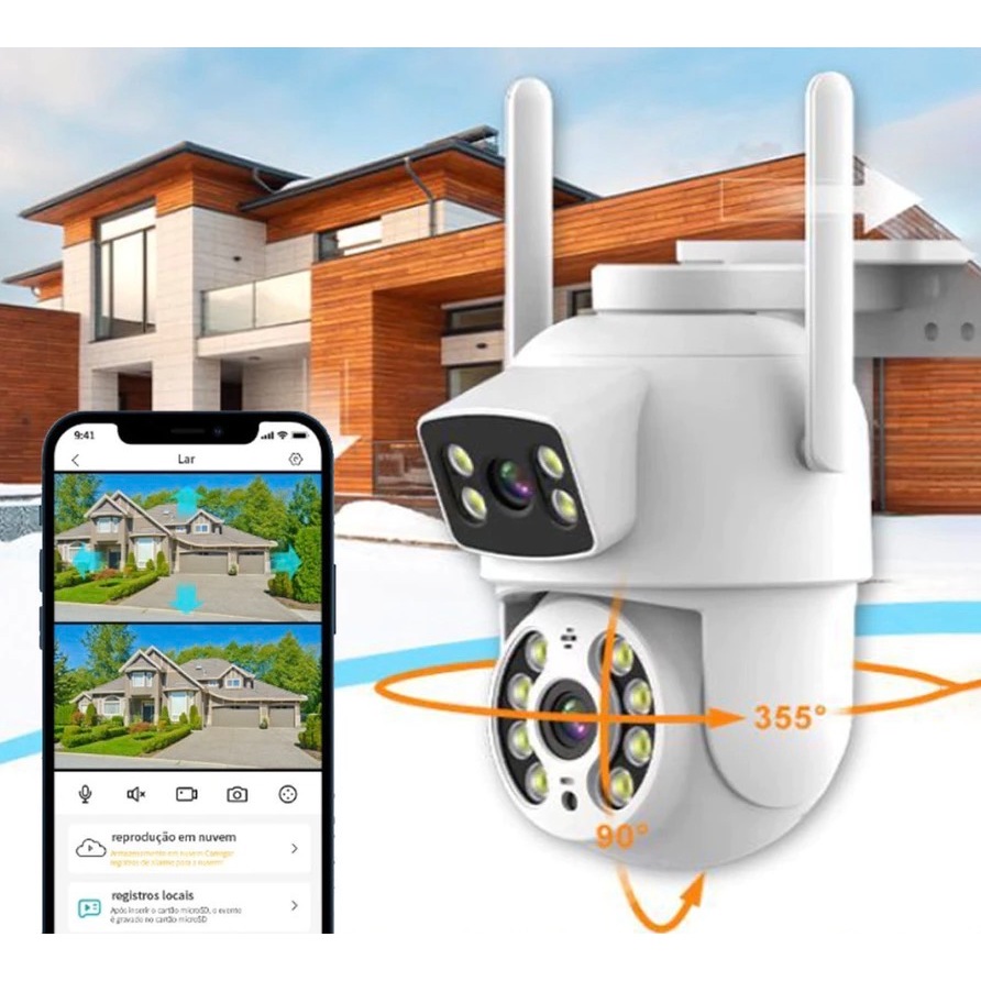 Câmera De Segurança Lente Dupla ICSEE IP66 Wi-Fi 360° Sensor Movimento Visão Noturna 2 em 1 Fixa + Giratória