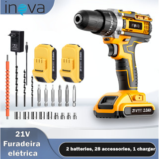 【Garantia】Parafusadeira/Furadeira 21V C/ Kit Maleta COM DUAS BATERIAS Kit de 28pcs em Oferta na Shopee