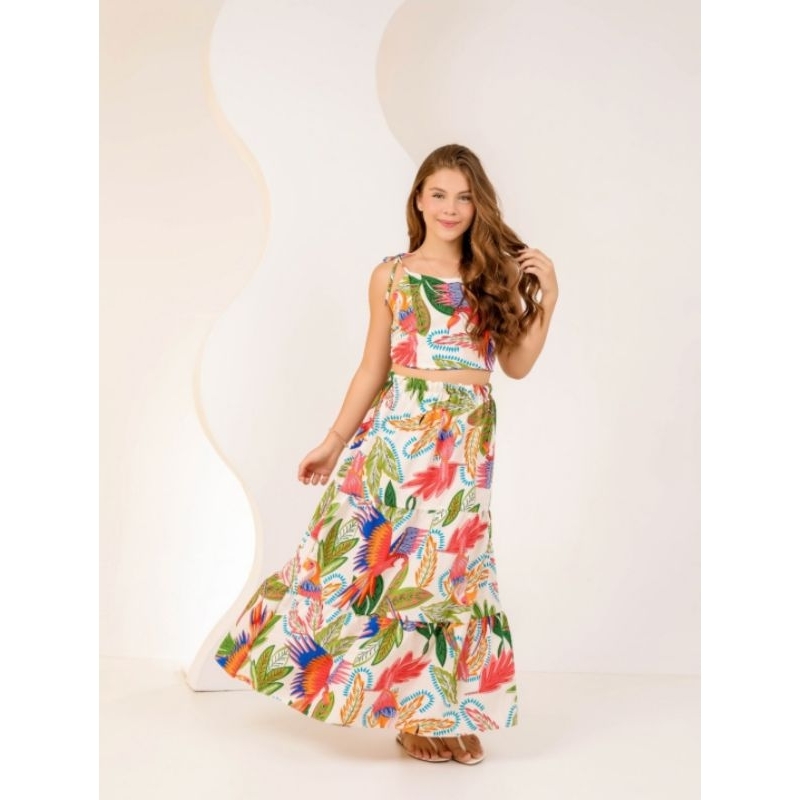Conjunto Infantil Juvenil menina Saia + Cropped Com Laço a trás.Regata Très marias Floral