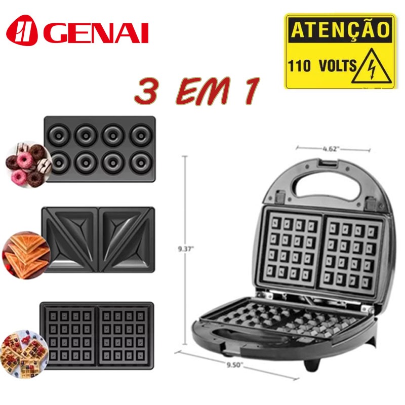【GENAI】Sanduicheira elétrica Grill 3 em 1 Waffle Snack Donut 110V Prato multifuncional