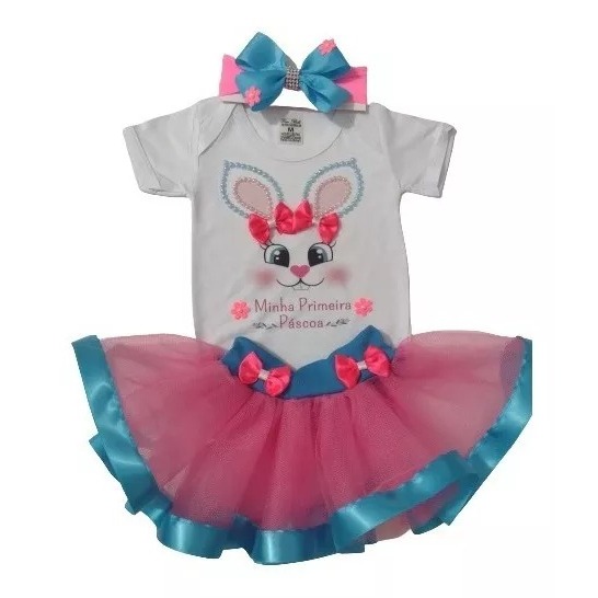 Conjunto Tutu Body Coelhinha Minha Primeira Páscoa Infantil Bebê Menina Com Saia e Laço Roupa Ensaio Fotos
