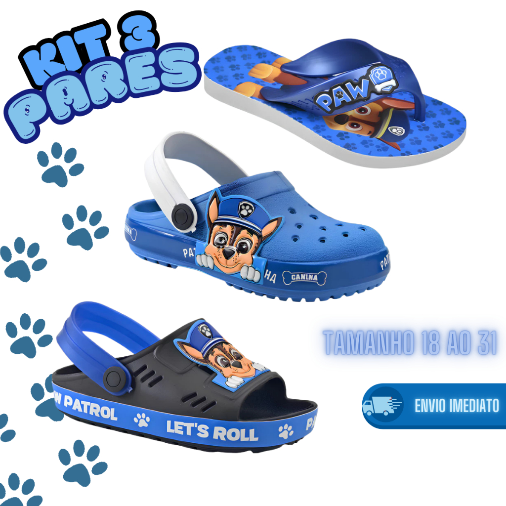 Kit Patrulha 3 Pares Babuche + Chinelo + Sandália Azul/Preto Menino Lançamento Kids