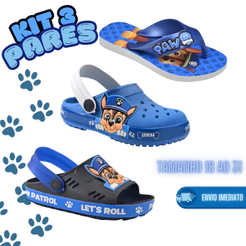 Kit Patrulha 3 Pares Babuche + Chinelo + Sandália Azul/Preto Menino Lançamento Kids