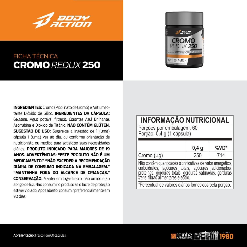 Detalhes do Kit 3x Cromo Redux 250mcg 714% Vd Total 180 Caps Bodyaction