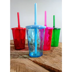KIT 10 COPOS TWISTER CRISTAL 300ML COM TAMPA E CANUDO COLORIDOS PARA ADESIVAR E PERSONALIZAR LEMBRANCINHA FESTA