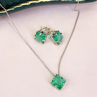 CONJUNTO COLAR BRINCO PEDRA ZIRCÔNIA QUADRADA  ESMERALDA em Oferta na Shopee
