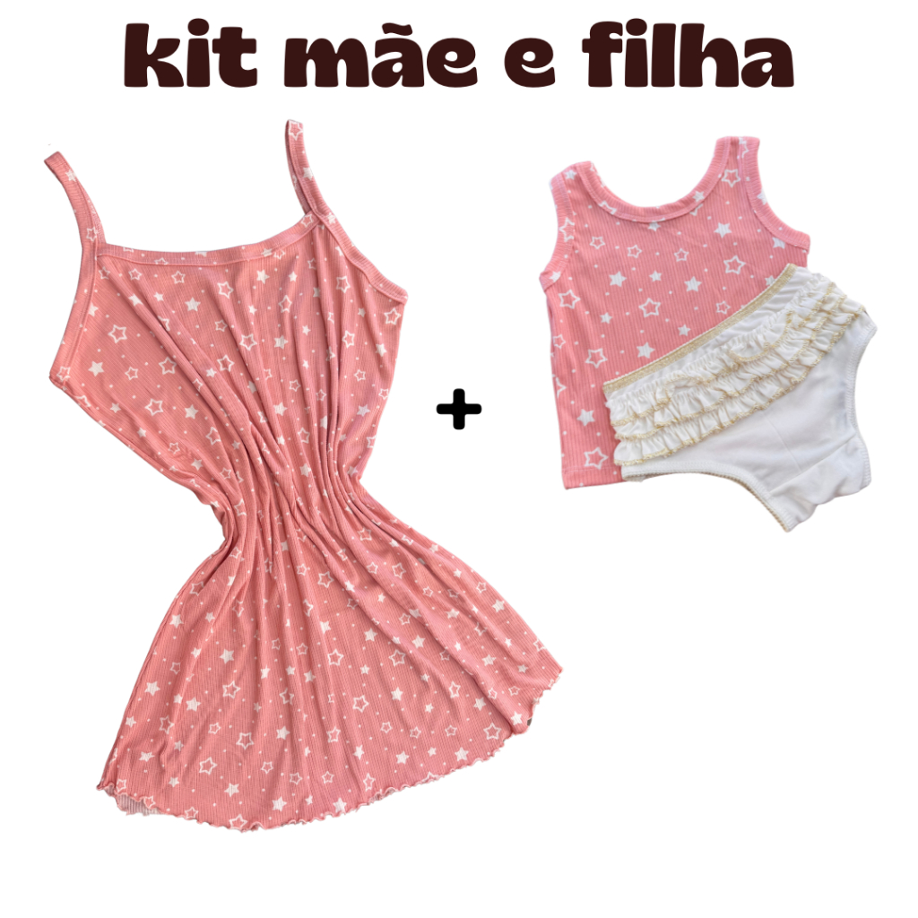 Kit Mãe Camisola e Filha Blusinha e Calcinha Bunda Rica Cores vivas Canelado
