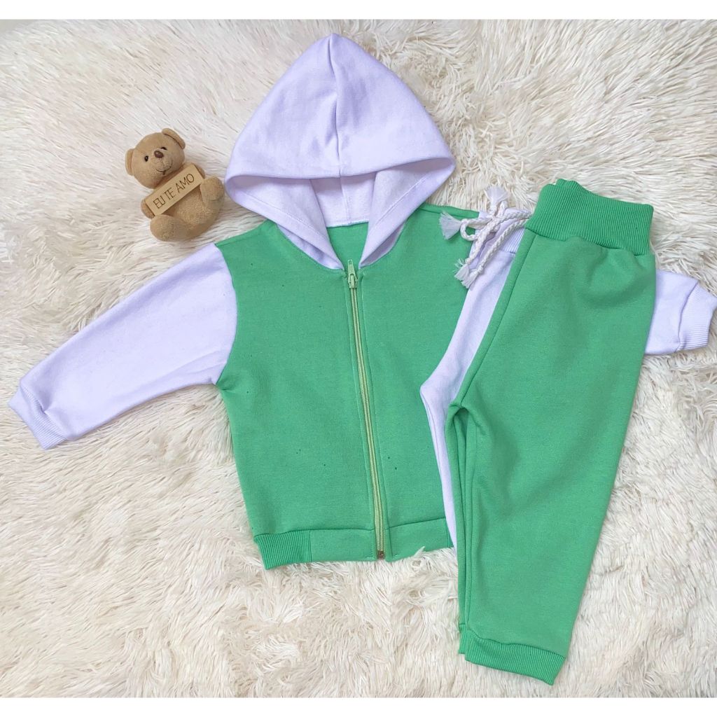 Kit Conjunto Moletom Infantil (2 Calças e 1 Jaqueta com Capuz) Menino e Menina Conjunto Roupa de Frio Bebê 3 à 18 Meses