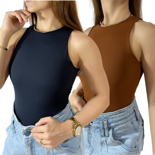 Kit 2 Body Feminino Em Poliamida Regata Decote Nadador Gola Redonda Lisa Blusinha Básica