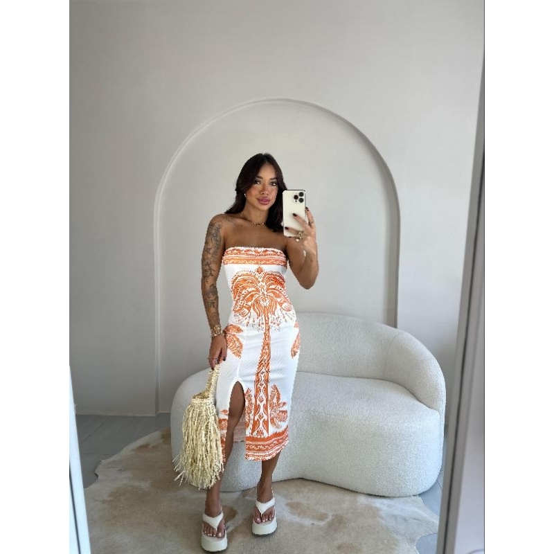 Vestido Feminino Estampado Luxo Tomara Que Caia Com Fenda Mídi Ribana em Oferta na Shopee