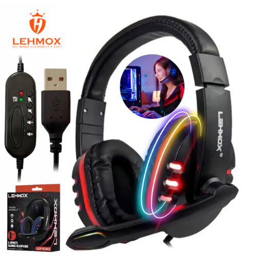 Headset Gamer 7.1 Surround E-Sports Para Jogos Fone De Ouvido Rgb Usb Com Led Pc Xbox Ps4 Lef-1040