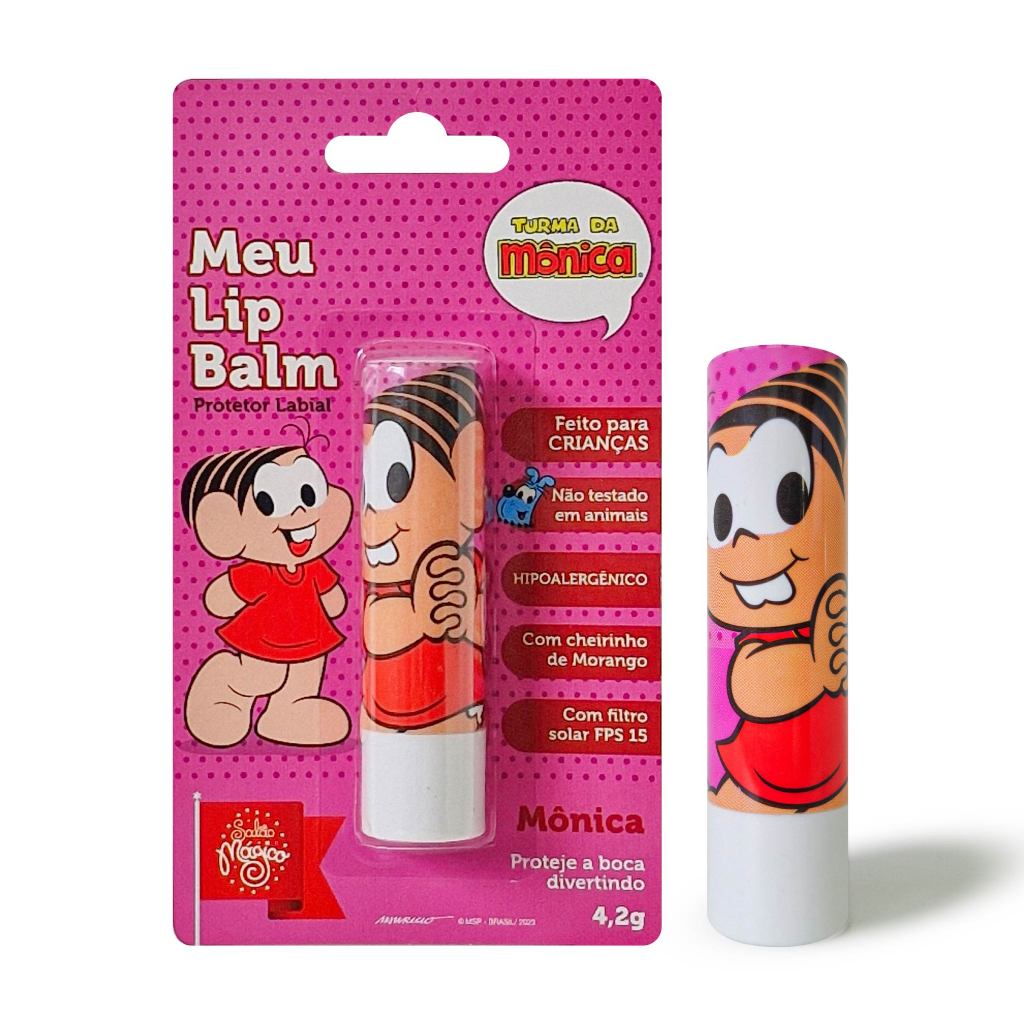 Meu Lip Balm Infantil Morango Turma da Mônica Vermelho Incolor Protetor Labial FPS 15 Hipoalergênico 4,2g - Beauty