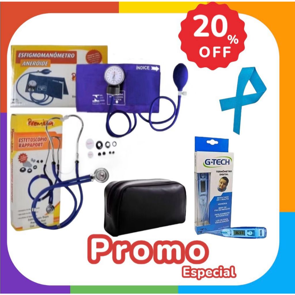 Kit enfermagem premium com 5 itens Estetoscópio Esfigmomanômetro Garrote Termometro Bolsa enfermagem