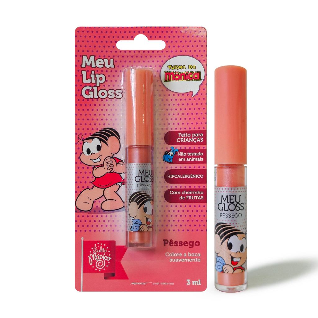 Meu Lip Gloss Infantil Turma da Mônica Cor Rosê Aroma Pêssego Hipoalergênico 3ml - Beauty