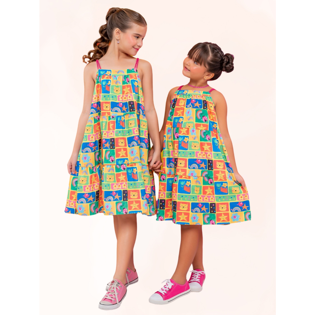 Vestido Mari Amarelo Estampado Infantil Juvenil, Menina tam. 2, 4, 6, 8, 10, 12, 14 fresco e leve