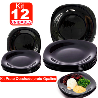 Kit 12 Jogo de Prato Quadrado Preto Raso Opaline Liso 06 Peças 26cm + 06 Peças Prato Sobremesa Preto Opaline 21,6cm em Oferta na Shopee