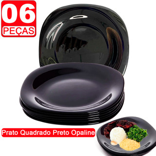 Kit Jogo Pratos Quadrado Preto Opaline Liso de Vidro Temperado 26,5cm Elegante Cozinha 06 Unidades