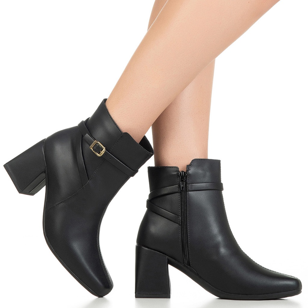 Bota Feminina GiGiL Bico Quadrado Cano Curto Salto Bloco Médio Detalhe Lateral Fivela Clássica em Oferta na Shopee