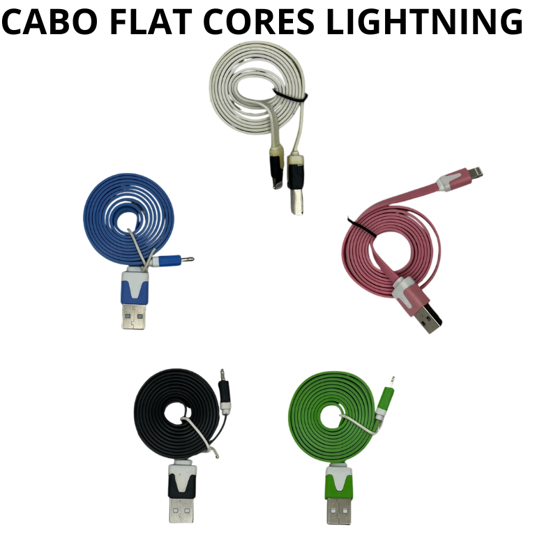 Cabo Flat Lightning CBFC01 Multicores 1M p/ Iphone Ipad Ipod Resistente Alta Performance