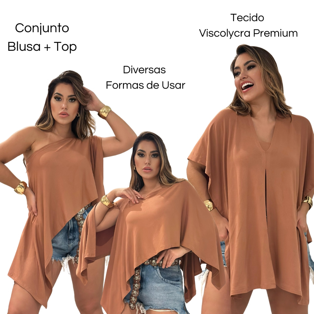 Blusa Feminina XENA com top Manga Morcego de Ombro Caido Capa Boho Multiformas Elegante