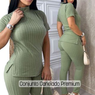 Conjunto Feminino Canelado Calça e Blusa Malha Com Elastano Premium em Oferta na Shopee