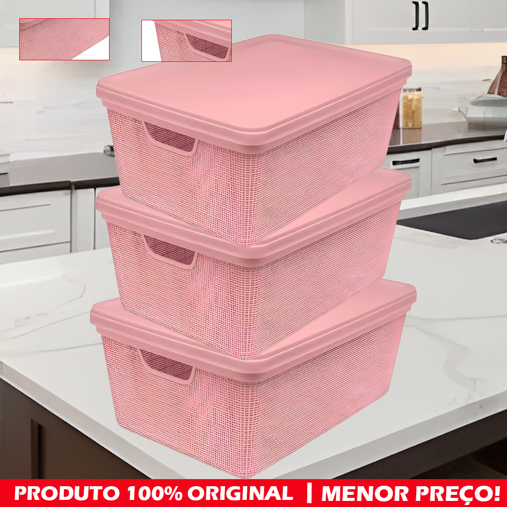 Kit 1/2/3 15L Caixas Organizadoras com Tampa Cesto Grande em Plástico Jaguar, Produto Reforçado, Organiza Armario, Casa