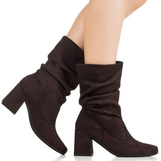 Bota Feminina GiGiL Bico Quadrado Salto Alto Grosso Enrugada Calce Fácil Estica Confortável Slouch