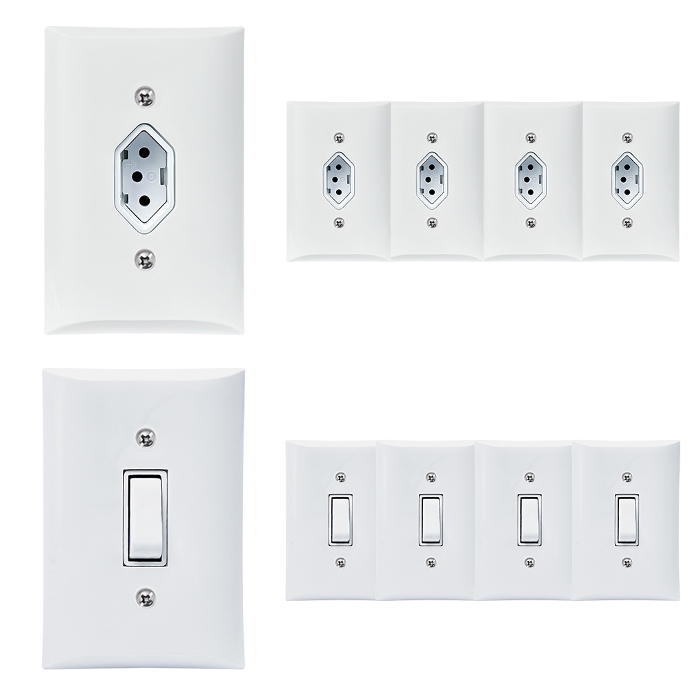 Kit 5 Tomadas Simples 2p+t 10A + Kit 5 Interruptores Simples 1 Tecla Com Espelho Branco 127V e 250V