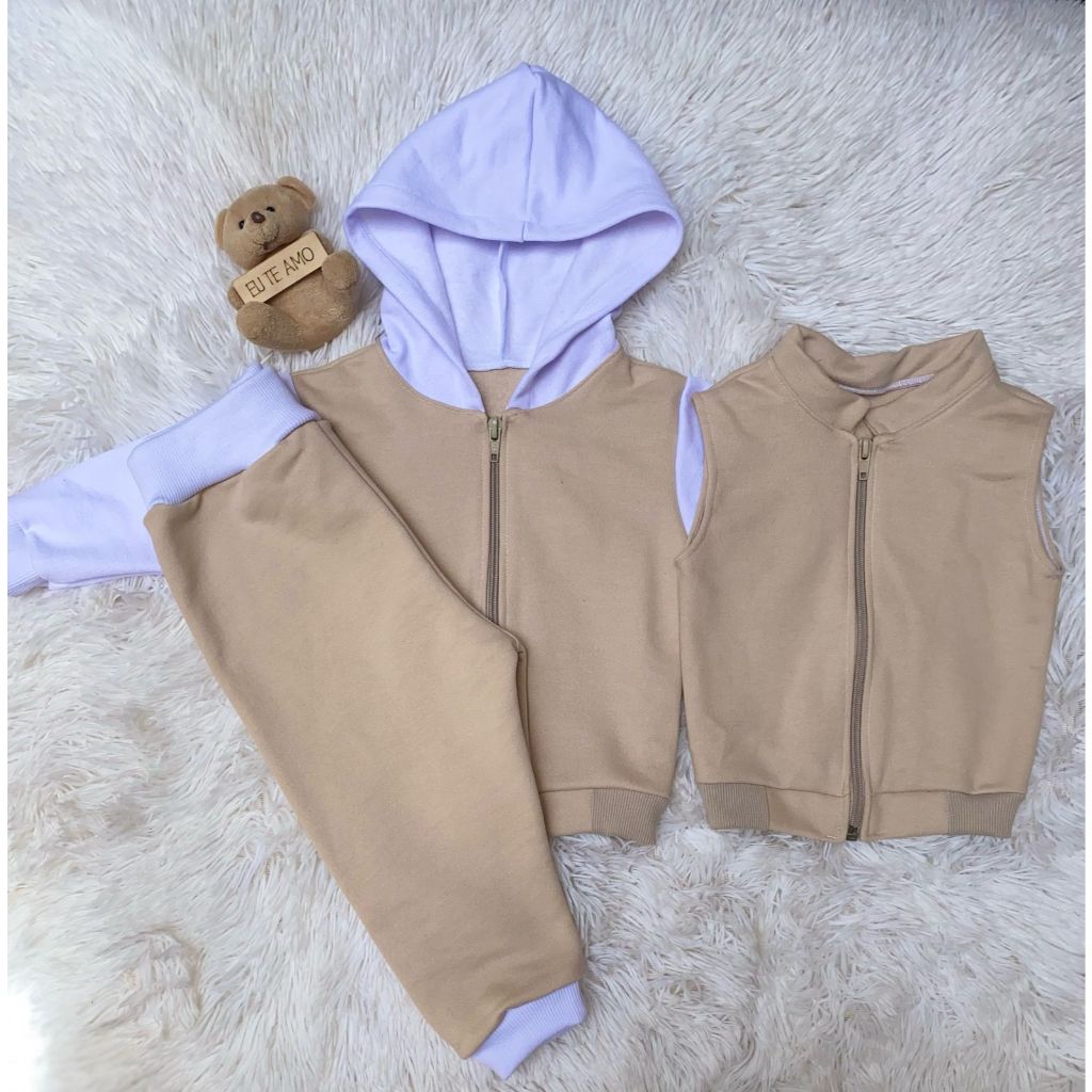 Kit Conjunto Moletom Infantil com Capuz + Colete Infantil Menino e Menina dos 3 aos 18 Meses Roupa de Frio para Bebê